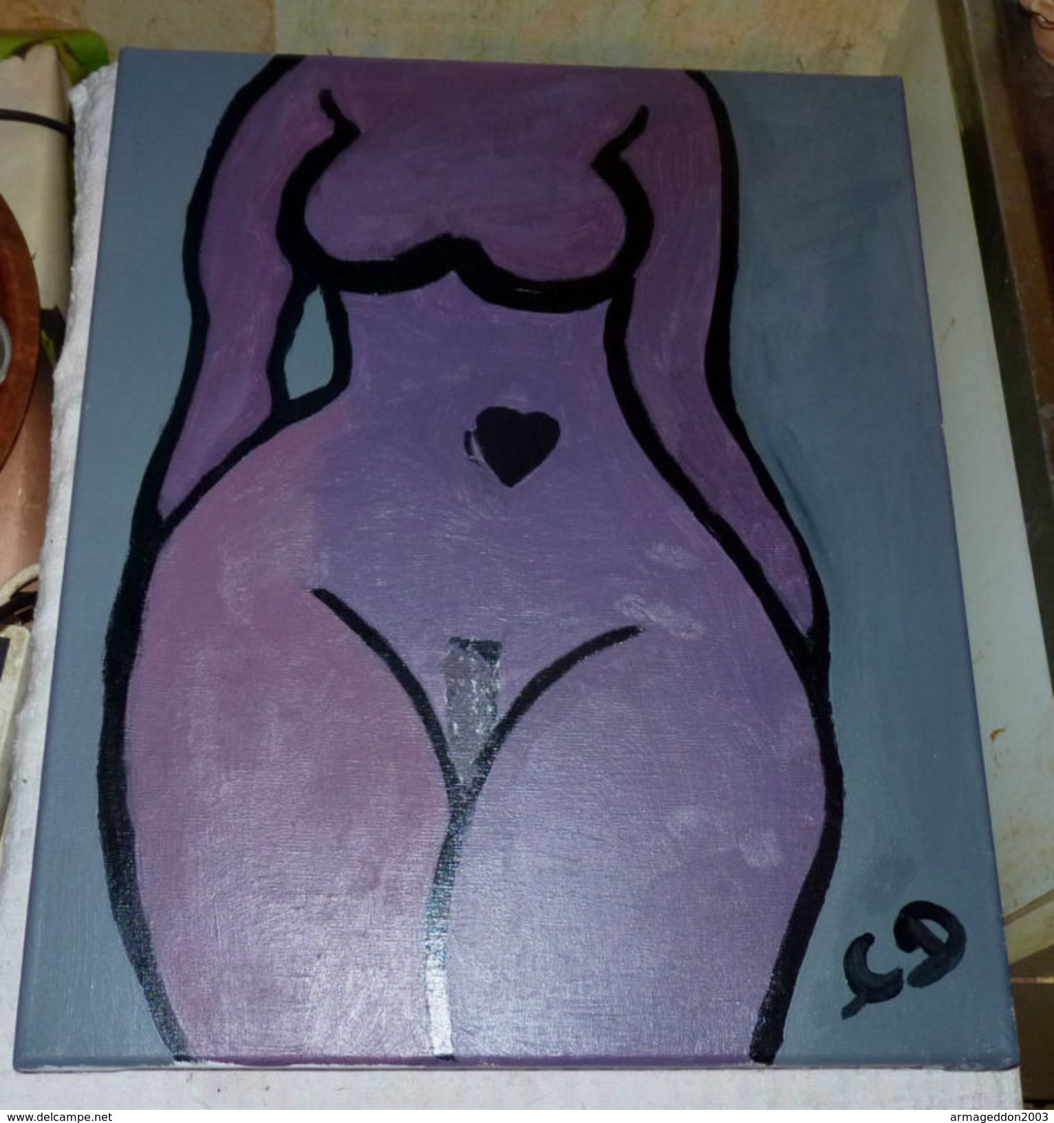 ANCIENNE PEINTURE ACRYLIQUE SIGNE CD BUSTE DE FEMME NUE 46 X 36 Cm Tbe - Acrilicos