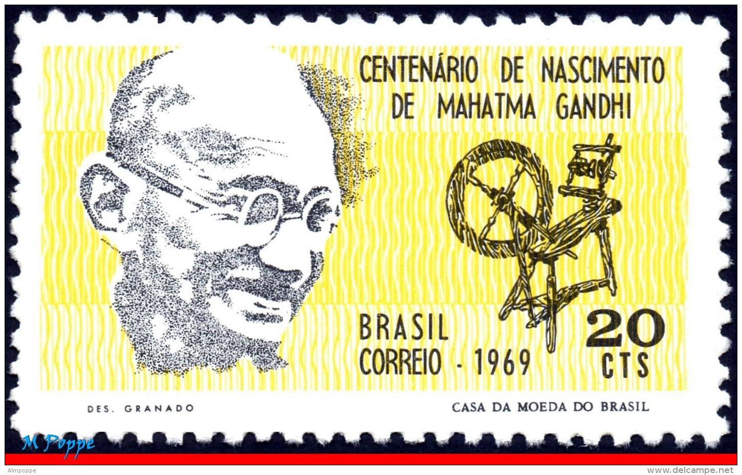 Ref. BR-1137 BRAZIL 1969 - MAHATMA GANDHI, LEADER, IN INDEPENDENCE OF INDIA, MI# 1230, MNH, FAMOUS PEOPLE 1V Sc# 1137 - Mahatma Gandhi