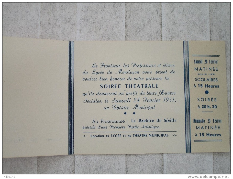 Carte D´Invitation Pour La Soirée Théatrale Du Lycée De MONTLUCON - Other & Unclassified