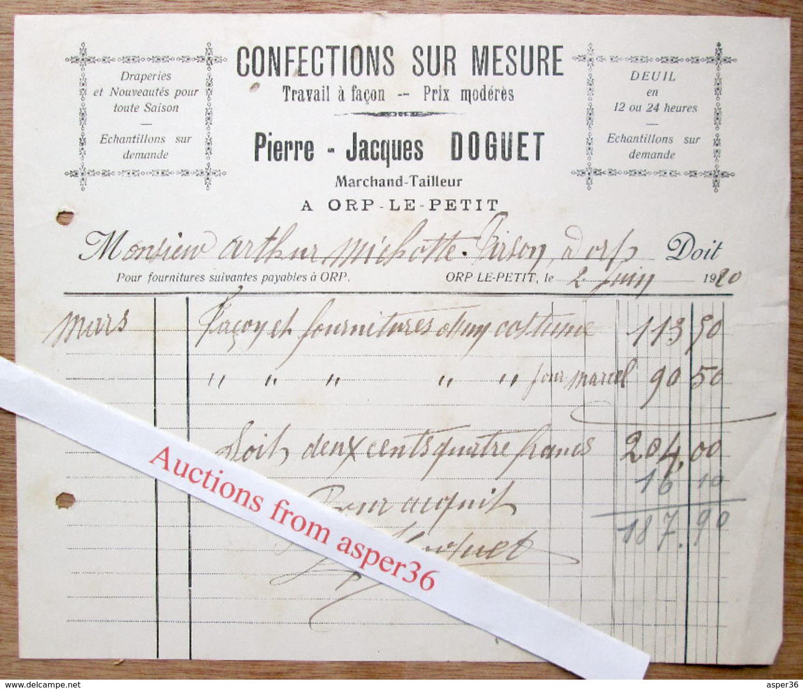 Confections Sur Mesure, Pierre-Jacques Doguet, Marchand-Tailleur, Orp-Le-Petit 1920 - 1900 – 1949
