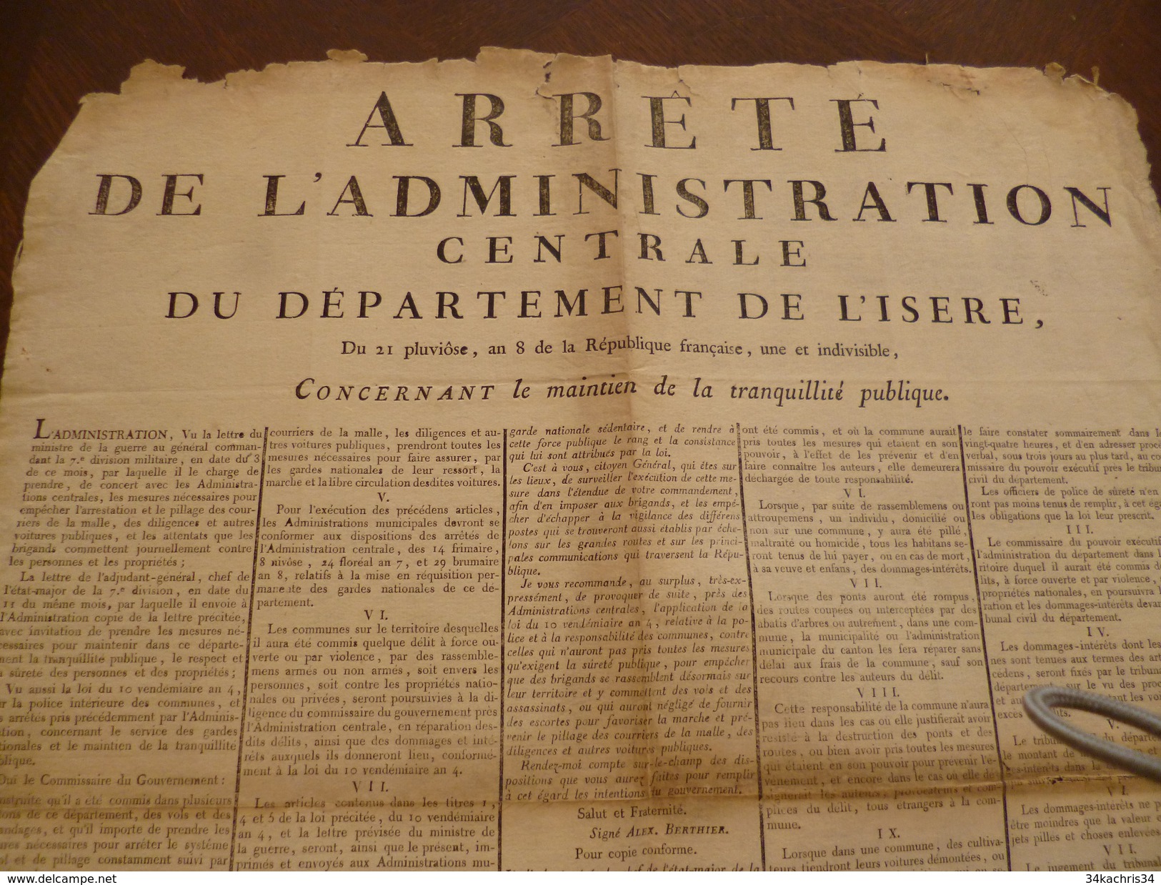 Arrëté De L'administration De L'Isère Révolution 21 Plu An 8. Maintien De La Tranquillité Publique - Décrets & Lois