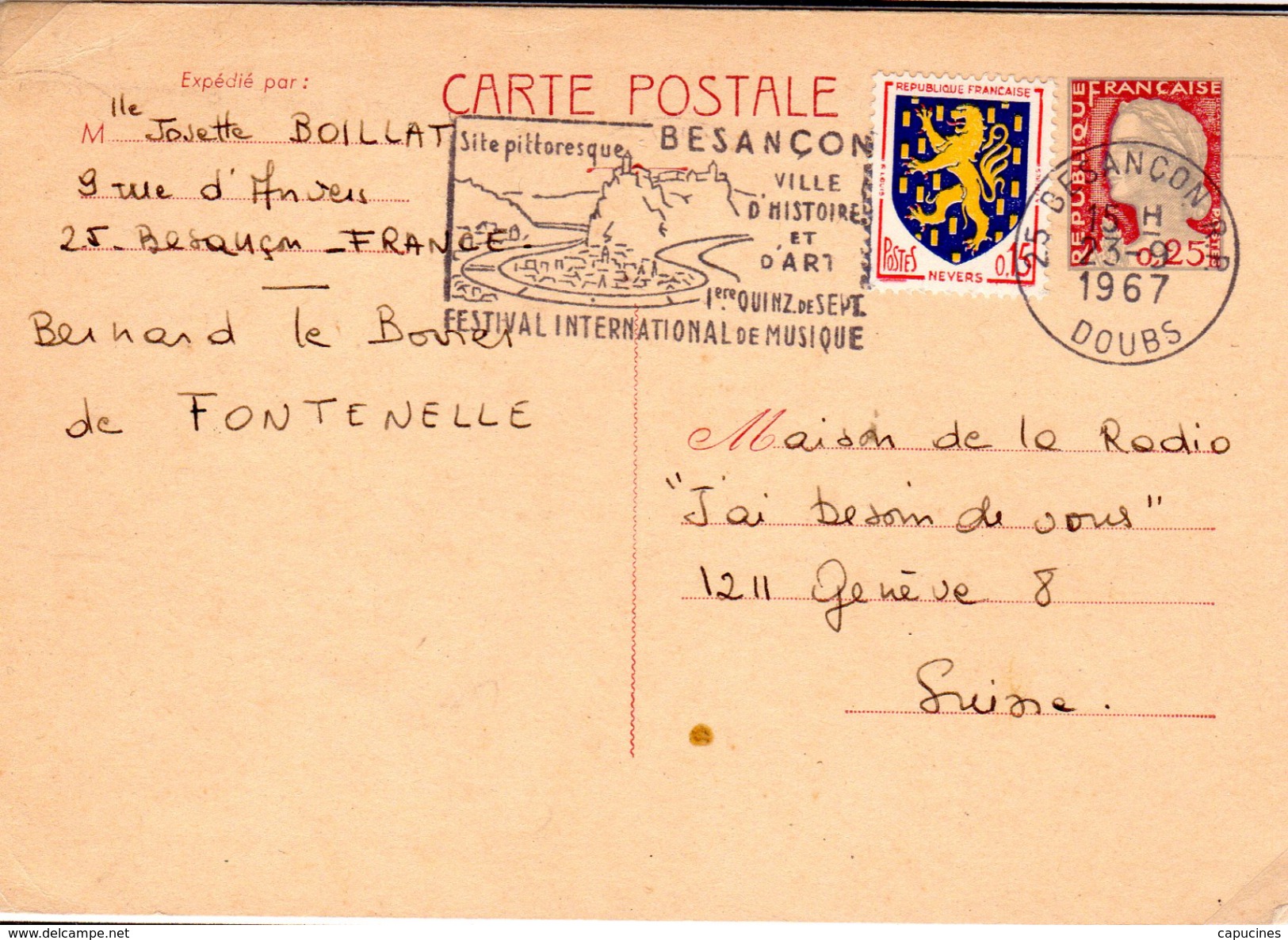 M. De Decaris  - Entier Postal Pour La Suisse (tarif Spécial Du 1/08/1966: 0,25 F) - 1960 Marianne (Decaris)