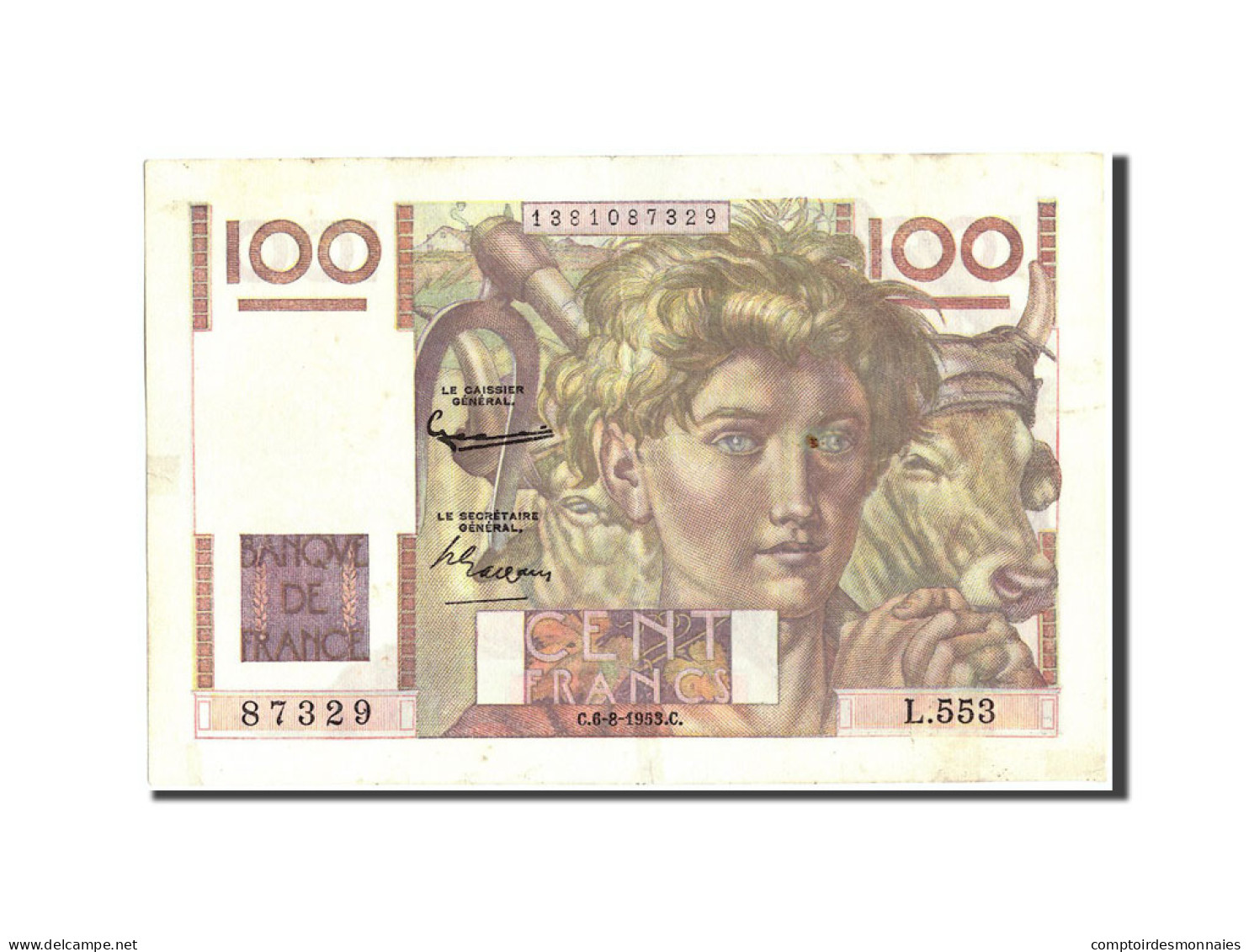 Billet, France, 100 Francs, 100 F 1945-1954 ''Jeune Paysan'', 1953, 1953-08-06 - 100 F 1945-1954 ''Jeune Paysan''