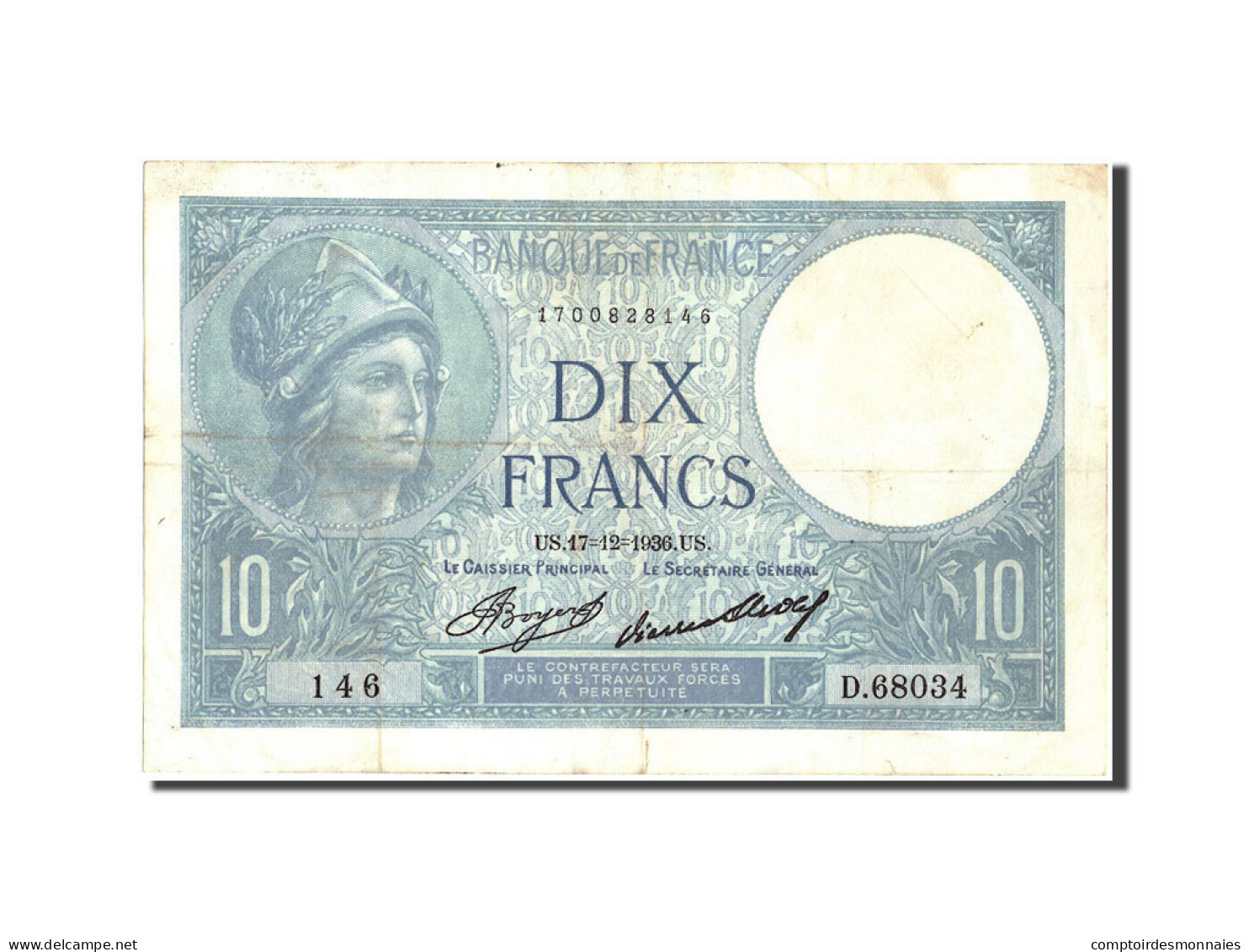 Billet, France, 10 Francs, 10 F 1916-1942 ''Minerve'', 1936, 1936-12-17, TB+ - 10 F 1916-1942 ''Minerve''