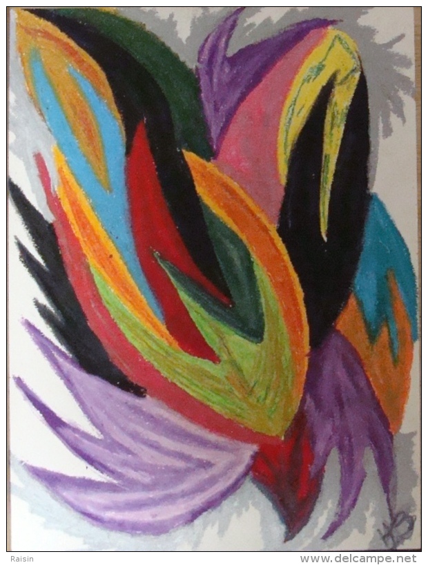 Oeuvre Originale Et Unique Pastel Feutres "Flamèches" N°71  24 X32 Cm. - Pastels