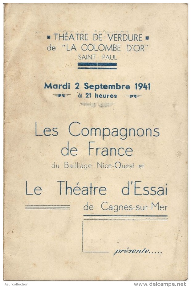 THEATRE COLOMBES D'OR +CAGNES.  COMPAGNONS DE FRANCE 1941 - Programme