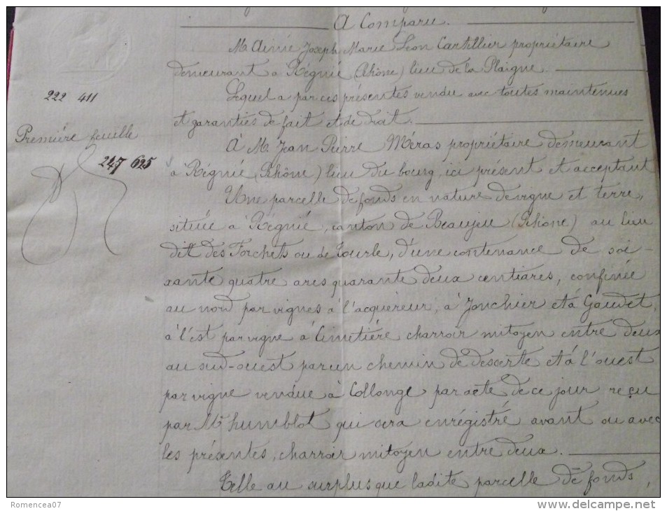 BEAUJEU (Rhône) - ACTE De VENTE De J. Cartillier De REGNIE à J.-P. Méras De REGNIE - 25 Mai 1882 - A Voir ! - Manuscripts