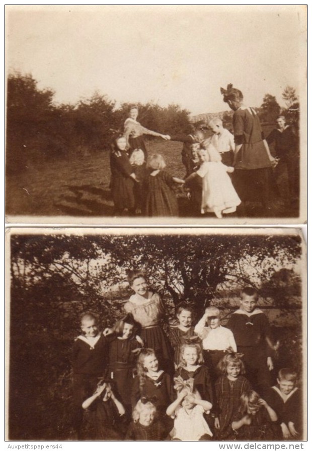 2 Photos Originales Scolaire, Groupe D'élèves Avec Maîtresse Et Ronde Des Enfants Vers 1920 - Costumes De Marins & Noeud - Personnes Anonymes