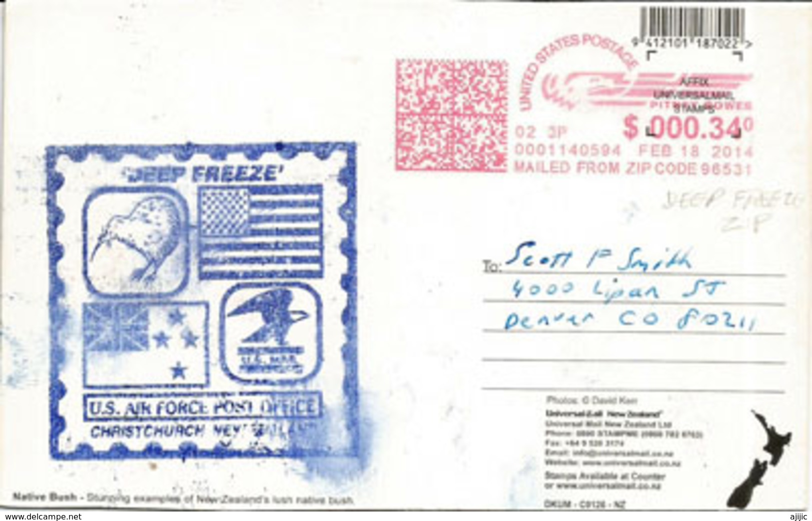 US DEEP FREEZE 2014, Carte Postale US Air Force Post-Office. Christchurch. New-Zealand, Adressée Colorado, Deux Photos - Antarctische Expedities
