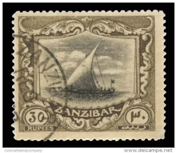 O        177 (297) 1929 30R Black And Brown Dhow^, Wmkd Script CA (sideways), Perf 14, Scarce, Seldom Seen Used,... - Zanzibar (...-1963)