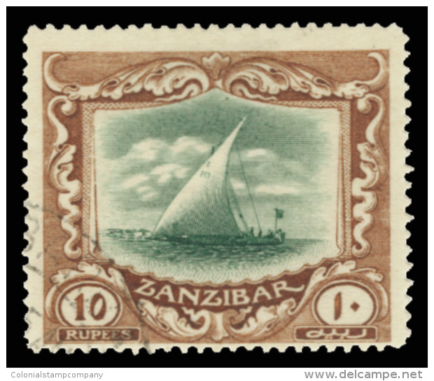 O        175 (295) 1921-29 10R Green And Brown Dhow^, Wmkd Script CA (sideways), Perf 14, Very Rare And... - Zanzibar (...-1963)