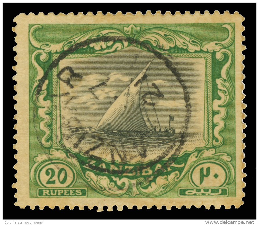 O        135 (260b) 1913 20R Black And Green Dhow^, Wmkd Multiple Rosettes (sideways), Perf 14, Very Rare And... - Zanzibar (...-1963)
