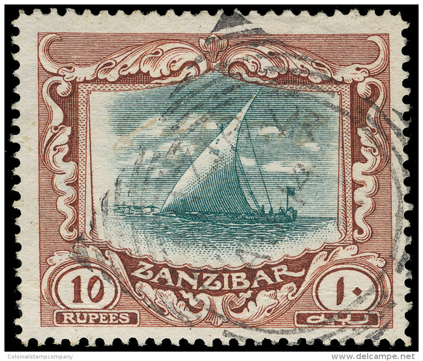 O        134 (260) 1913 10R Green And Brown Dhow^, Wmkd Multiple Rosettes (sideways), Perf 14, Scarce Used, Well... - Zanzibar (...-1963)