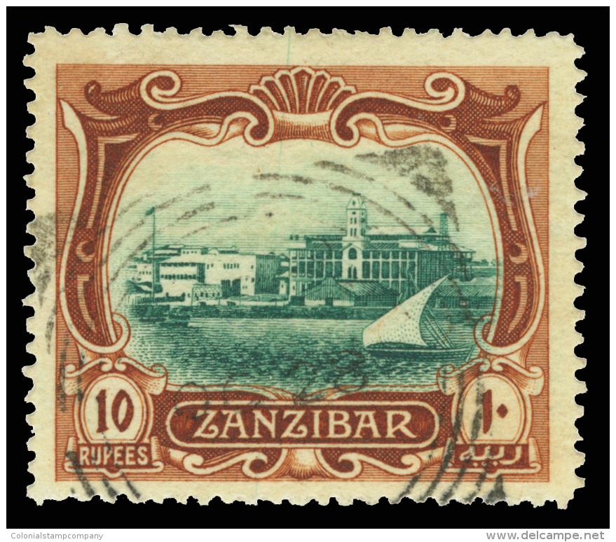 O        113 (239) 1908 10R Blue-green And Brown Sultan's Palace,^ Wmkd Multiple Rosettes Sideways, Perf 14,... - Zanzibar (...-1963)