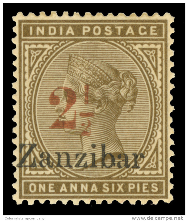 *        27 (30) 1896 2&frac12;a On 1a6p Sepia Q Victoria Stamp Of India^, Red SG Type 7 Surcharge (Scott Type E),... - Zanzibar (...-1963)