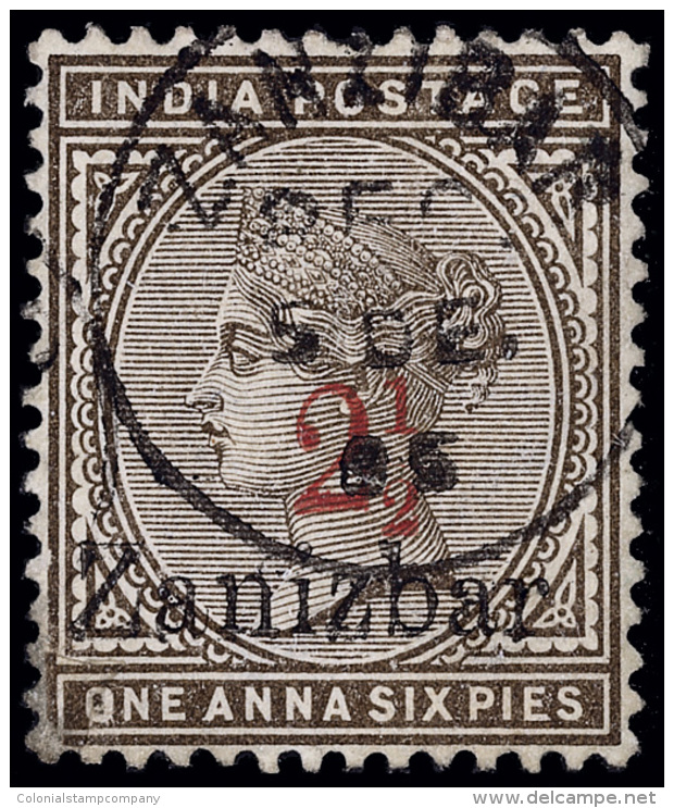 O        24b (22k) 1895 2&frac12; On 1&frac12;a Sepia Q Victoria Stamp Of India^, Red Sc Surcharge Type A (SG Type... - Zanzibar (...-1963)