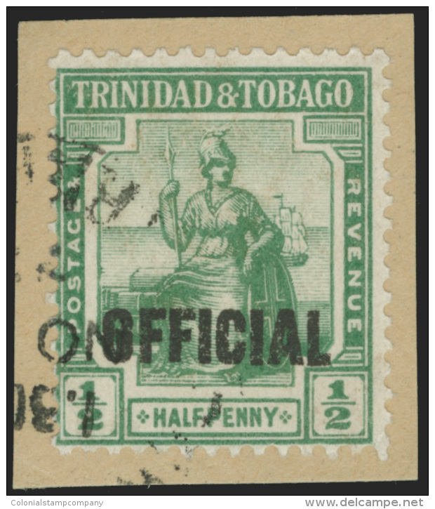 /\       O5 Var Footnoted (O15a) 1917 &frac12;d Yellow-green Britannia Overprinted "OFFICIAL"^ SG Type O6, Wmkd... - Trinidad & Tobago (...-1961)