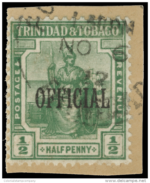 /\       O4 (O13) 1914-17 &frac12;d Green Britannia Overprinted "OFFICIAL"^ SG Type O5 (without Stop), Wmkd MCA,... - Trinité & Tobago (...-1961)