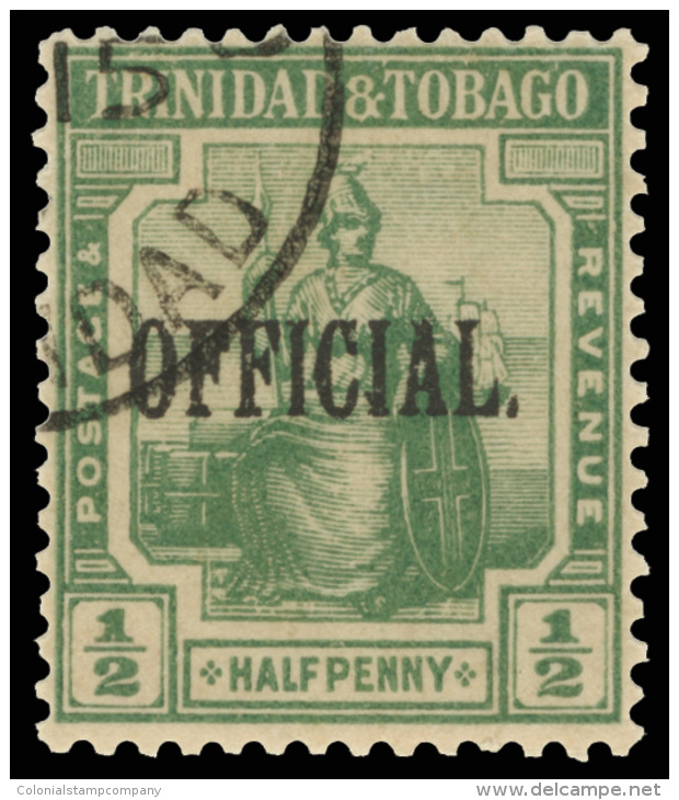 O        O3 (O14) 1916 &frac12;d Yellow-green Britannia Overprinted "OFFICIAL"^ SG Type O5 (with Stop), Wmkd MCA,... - Trinité & Tobago (...-1961)