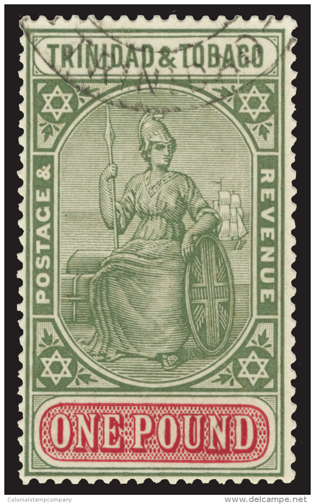 O        20 (215) 1921 &pound;1 Green And Carmine Seated Britannia^, Wmkd Script CA, Perf 14, Very Rare And Hardly... - Trinité & Tobago (...-1961)