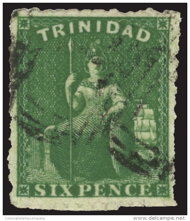 O        20a (35) 1859 6d Yellow-green Britannia^, Unwmkd, Pin-perf 12&frac12;, Large Balanced Margins Showing... - Trinité & Tobago (...-1961)