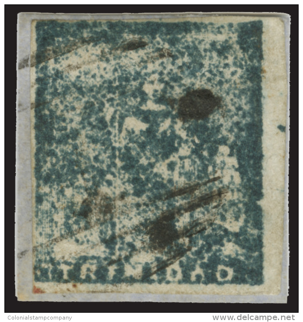 /\       11 (18) 1858 (1d) Slate-blue Lithographed Britannia^, Worn Impression, Imperf, Four Margins, Tied To Piece... - Trinité & Tobago (...-1961)