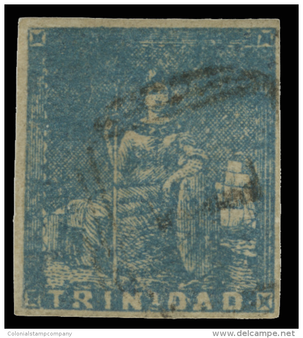 O        9 (13) 1852 (1d) Blue Lithographed Britannia^ On Yellowish Paper, Fine Impression, Imperf, Four Margins,... - Trinidad & Tobago (...-1961)