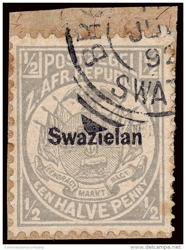 /\       1b (4b) 1889 &frac12;d Grey Coat Of Arms Of Transvaal^, Overprint ERROR - "Swazielan", Tied To Piece,... - Swaziland (...-1967)