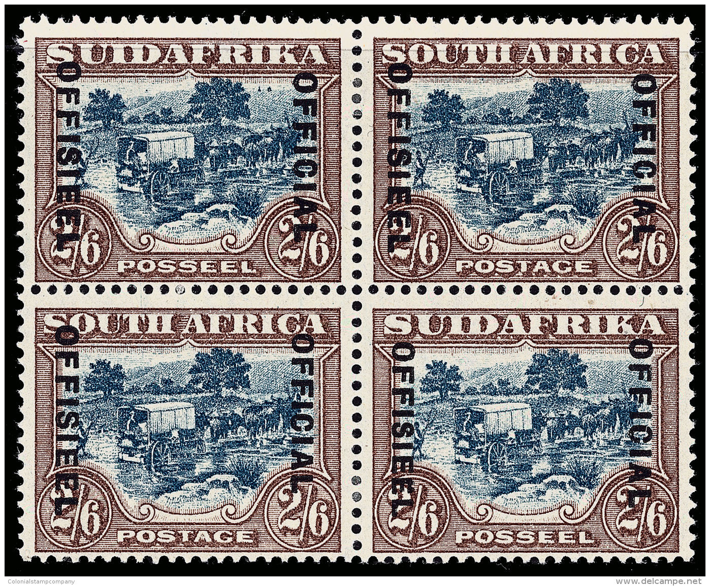 */[+]    O20j Var (O19b, O19) 1947 2'6d Blue And Brown Ox-wagon^ Bi-lingual Block Of Four, Overprinted "OFFICIAL"... - Service