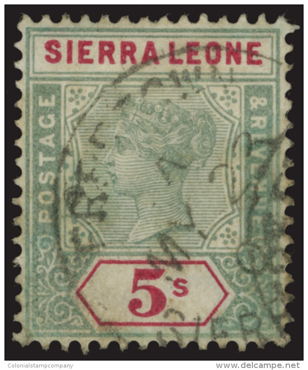 O        45 (52) 1896-97 5' Green And Carmine Q Victoria^, Wmkd CA, Perf 14, Quite Scarce Used, Undercatalogued,... - Sierra Leone (...-1960)