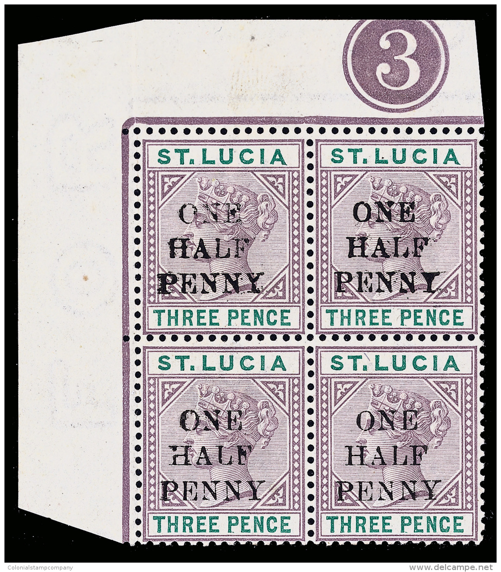 */[+]    40 (56) 1892 &frac12;d On 3d Dull Mauve And Green Q Victoria Surcharged,^ Die II, Wmkd CA, Perf 14, Top... - St.Lucie (1979-...)