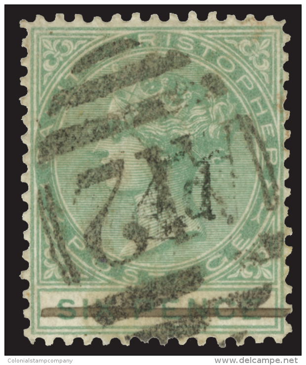 O        20a (25a) 1886 4d On 6d Green Q Victoria^ With SG Type 5 Surcharge VARIETY - No Stop After "d", Wmkd CC,... - St.Christopher-Nevis-Anguilla (...-1980)