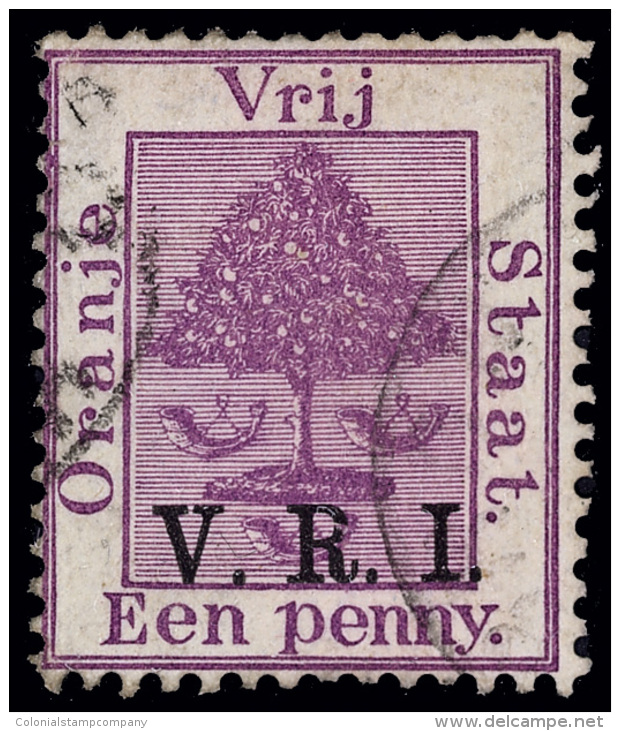 O        45f (102j) 1900 1d On 1d Purple Orange Tree^, "V.R.I." Surcharge, ERROR - "1d" Omitted, Light Cancel, Rare... - Orange Free State (1868-1909)