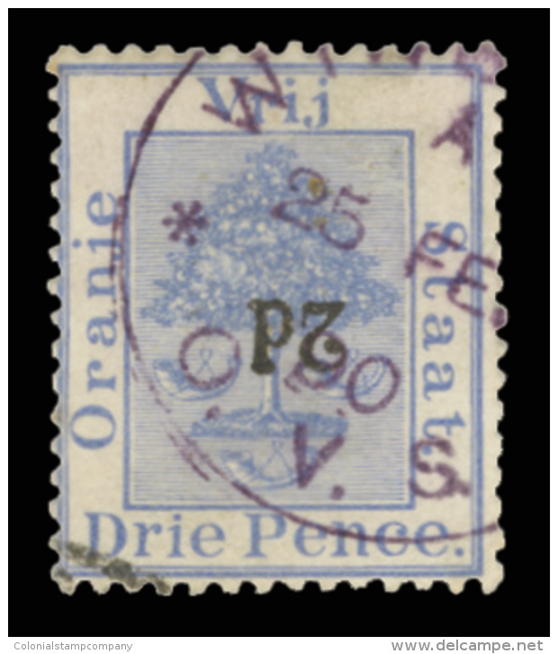 O        28c (52a) 1888 2d On 3d Ultramarine Orange Tree^ Surcharged SG Type 6(a) (wide "2"), VARIETY - Surcharge... - Orange Free State (1868-1909)