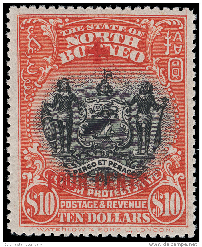 **       B47 (252) 1918 $10+4&cent; Black And Brick-red Coat Of Arms^ With SG Type 70 Surcharge In Red, Perf... - Bornéo Du Nord (...-1963)