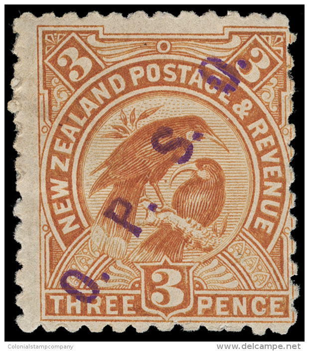 *        O12 (O31) 1902 3d Yellow-brown Huia Bird^, Violet "O.P.S.O." Handstamp, Perf 11, Extremely Rare And Seldom... - Service