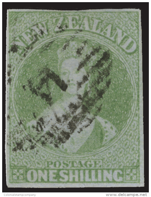 O        6 (6) 1857 1' Green Q Victoria On Blue Paper^, Unwmkd, Auckland Printing, Imperf, Four Full Margins (close... - Oblitérés