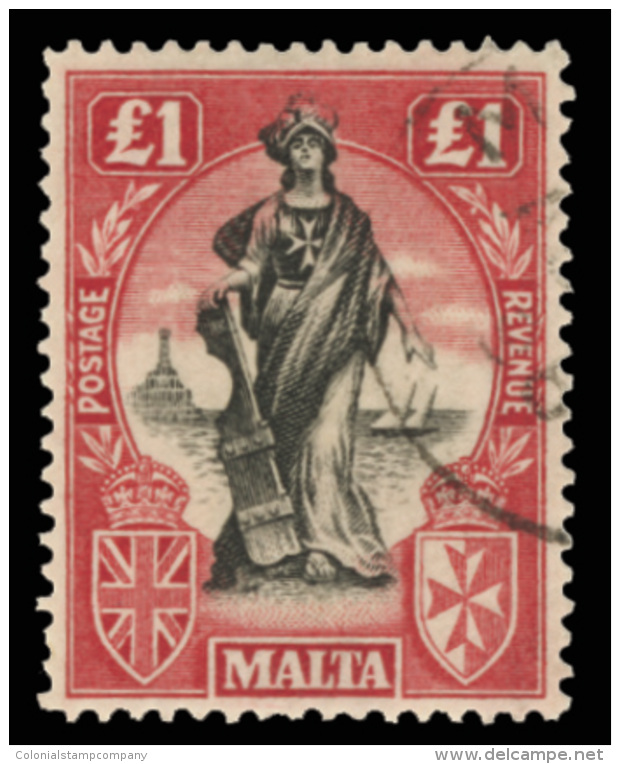 O        114 (140) 1925 &pound;1 Black And Bright Carmine Allegory Of Malta^, Wmkd Script CA Upright, Perf 14,... - Malte (...-1964)