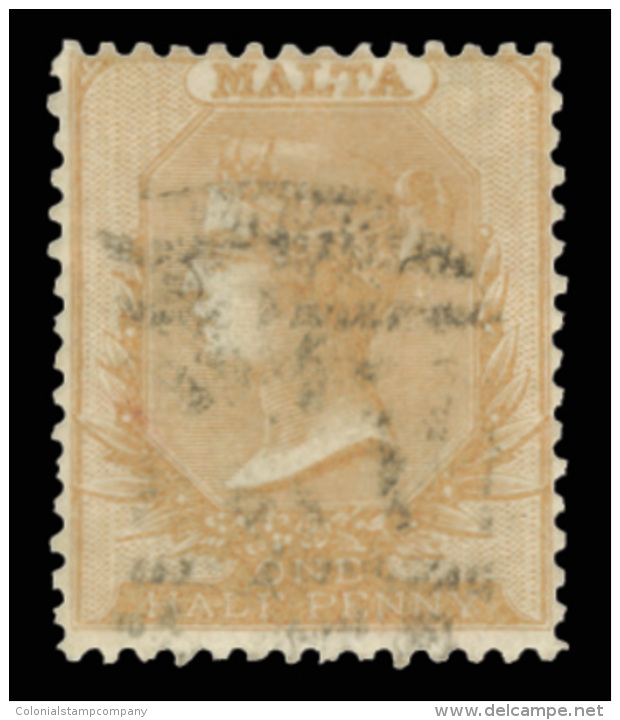 O        1 (3) 1863 &frac12;d Buff Q Victoria^ On Thin, Hard White Paper, Unwmkd, Perf 14, Light "A 25" Numeral... - Malta (...-1964)