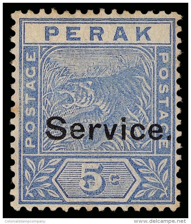 *        O10 (O10) 1890 5&cent; Blue Tiger^ Overprinted "Service." SG Type O2, Excessively Rare Mint, As It Would... - Perak