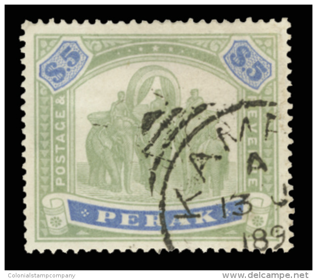 O        60 (79) 1896 $5 Green And Ultramarine Elephants^, Wmkd CC, Perf 14, Perfectly Centered, Light Cancel, A... - Perak