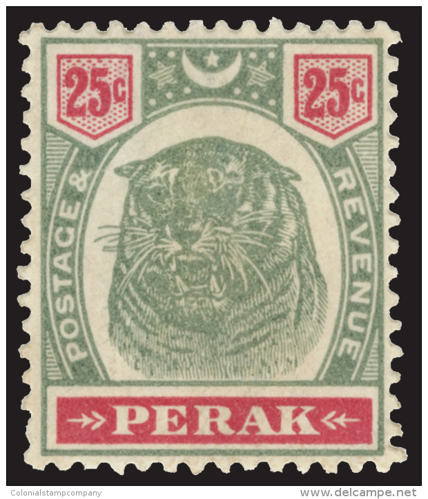 *        54 (73) 1897 25&cent; Green And Carmine Tiger^, Wmkd CA, Perf 14, Scarce Later Issue, OG, HR, F-VF Scott... - Perak