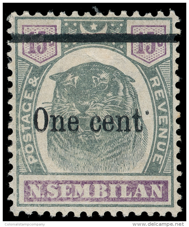 *        20a (15a) 1900 1&cent; On 15&cent; Green And Violet Tiger^ Surcharged SG Type 4, VARIETY - Raised Stop... - Negri Sembilan