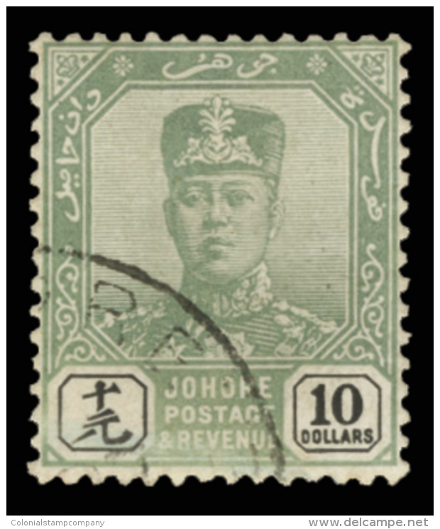 O        100 (102) 1918-20 $10 Green And Black Sultan Ibrahim^ On Chalk-surfaced Paper, Wmkd MCA, Perf 14, A Scarce... - Johore