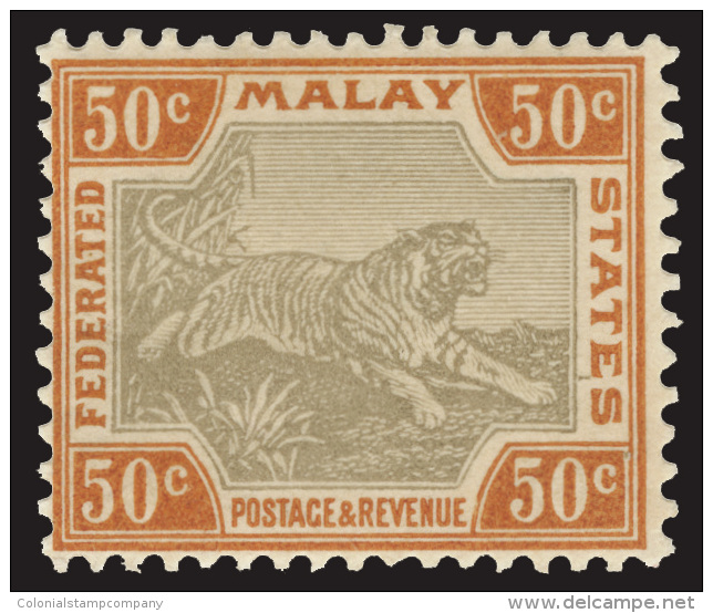 *        18-25 (15-22) 1900-01 1&cent;-50&cent; Tigers^, Wmkd CA, Perf 14, Cplt (8), OG, HR, VF Scott Retail... - Federated Malay States
