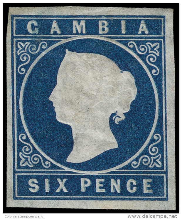 *        4a (7) 1874 6d Deep Blue Q Victoria Embossed^, Wmkd CC, Imperf, Four Margins, OG,HR, VF Scott Retail... - Gambia (...-1964)