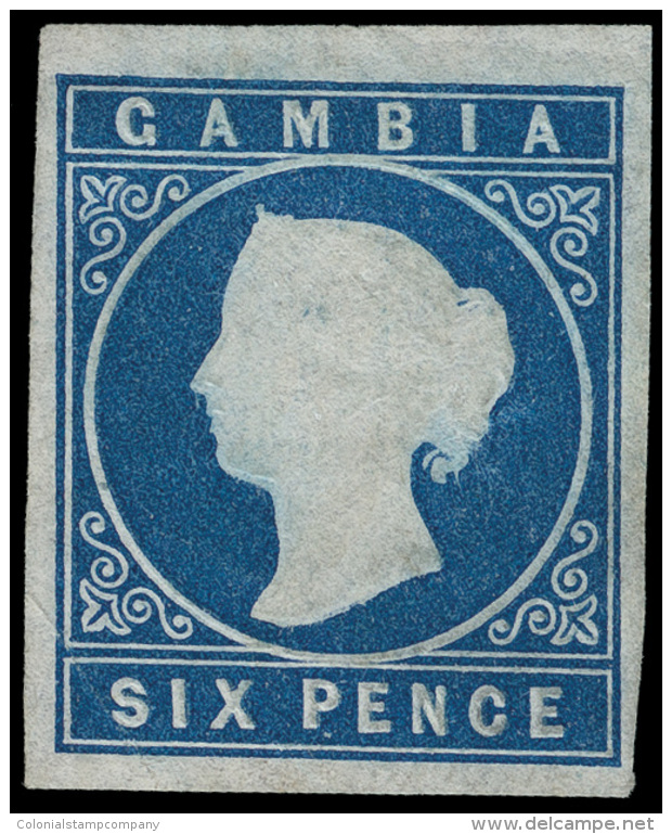 *        4 (8) 1874 6d Blue Q Victoria Embossed^, Wmk CC, Imperf, Full Margins, Unused, VF Scott Retail... - Gambie (...-1964)