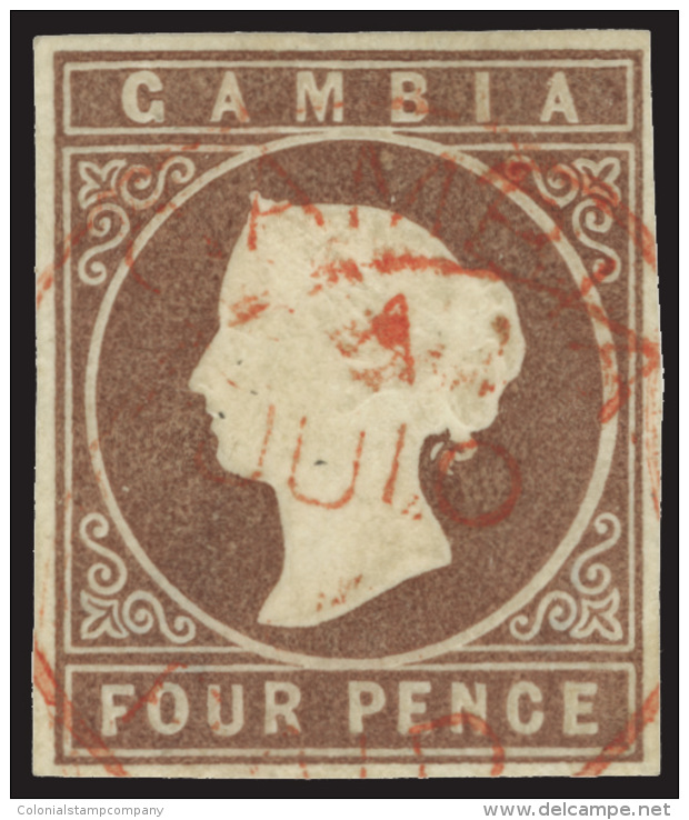 O        3 (5) 1874 4d Brown Q Victoria Embossed^, Wmkd CC, Imperf, Four Margins, Light Red Cds, F-VF Scott Retail... - Gambie (...-1964)