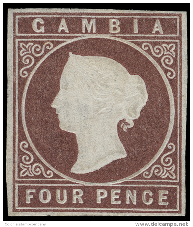 *        3 (5) 1874 4d Brown Q Victoria Embossed^, Wmkd CC, Imperf, Four Margins, Lrg OG, Fine Scott Retail... - Gambie (...-1964)