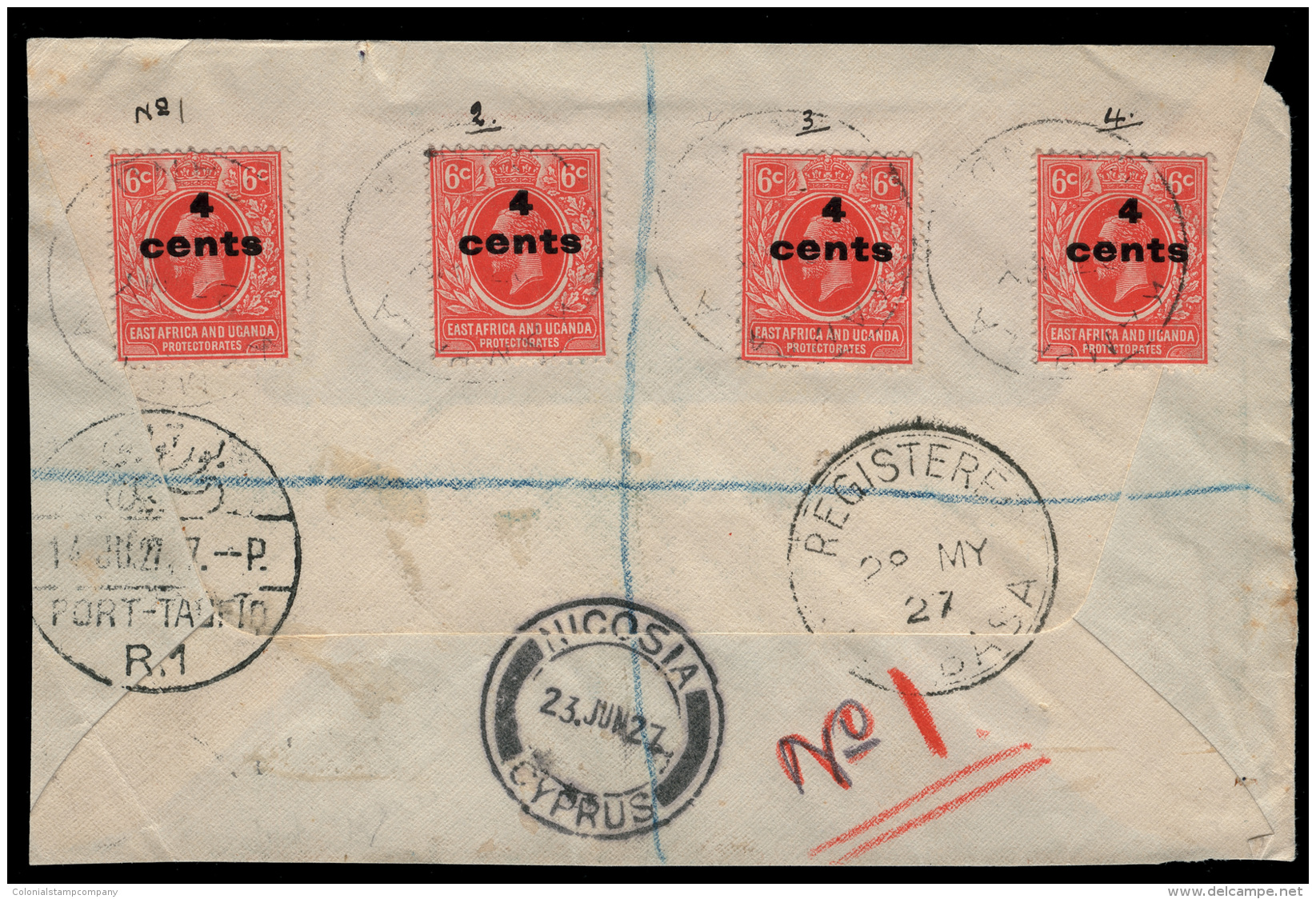 /\       62b (64a) 1927 May 27 Registered Reverse Of Registered Cover^ From Kampala To Nicosia Franked With 4... - Protectorats D'Afrique Orientale Et D'Ouganda